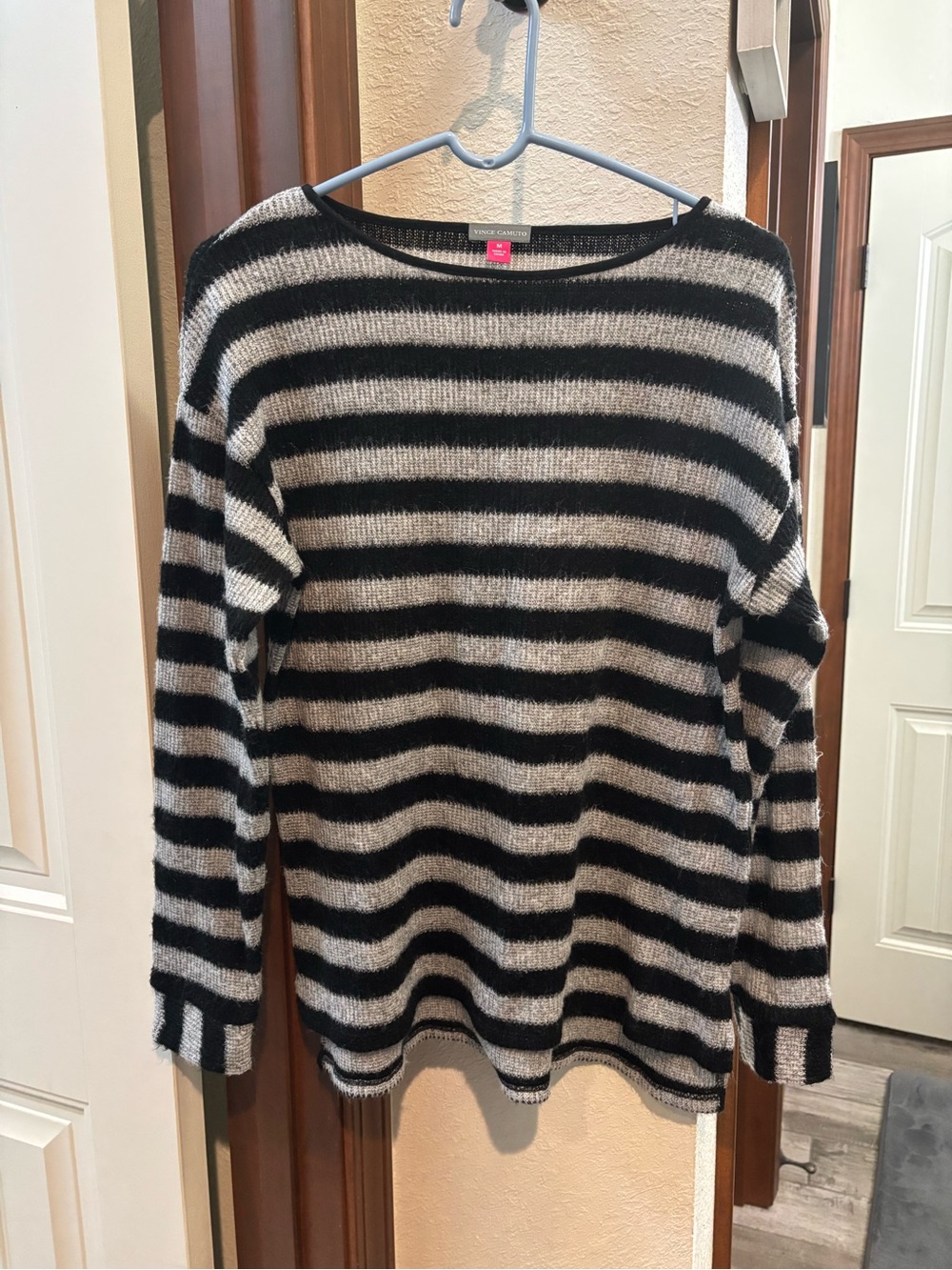 Vince Camuto Black and Cream Striped Crewneck Sweater